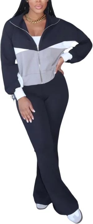 Alunzoem Sweatsuits Women 2 Piece Outfit Set Casual Color Block Zipper Jacket Long Pants Jogging Matching Tracksuit
