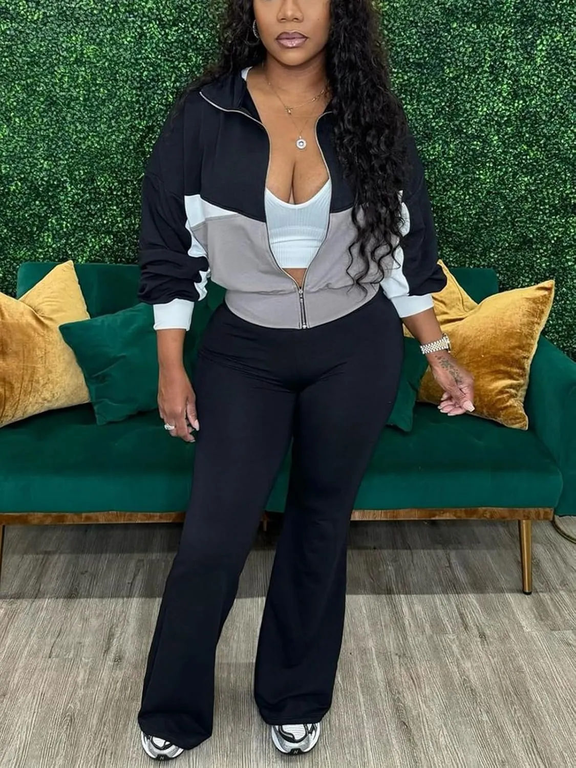 Alunzoem Sweatsuits Women 2 Piece Outfit Set Casual Color Block Zipper Jacket Long Pants Jogging Matching Tracksuit