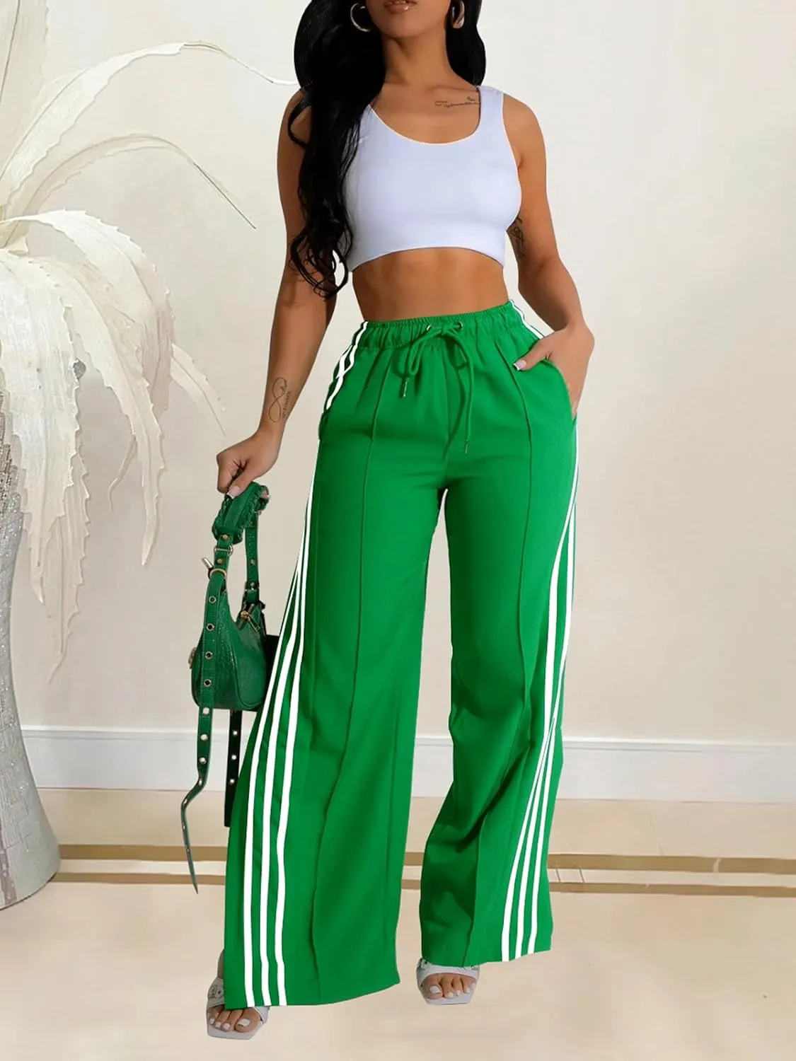 Alunzoem Womens Wide Leg Pants High Waist Striped Side Slit Stretch Casual Loose Drawstring Pant Trousers