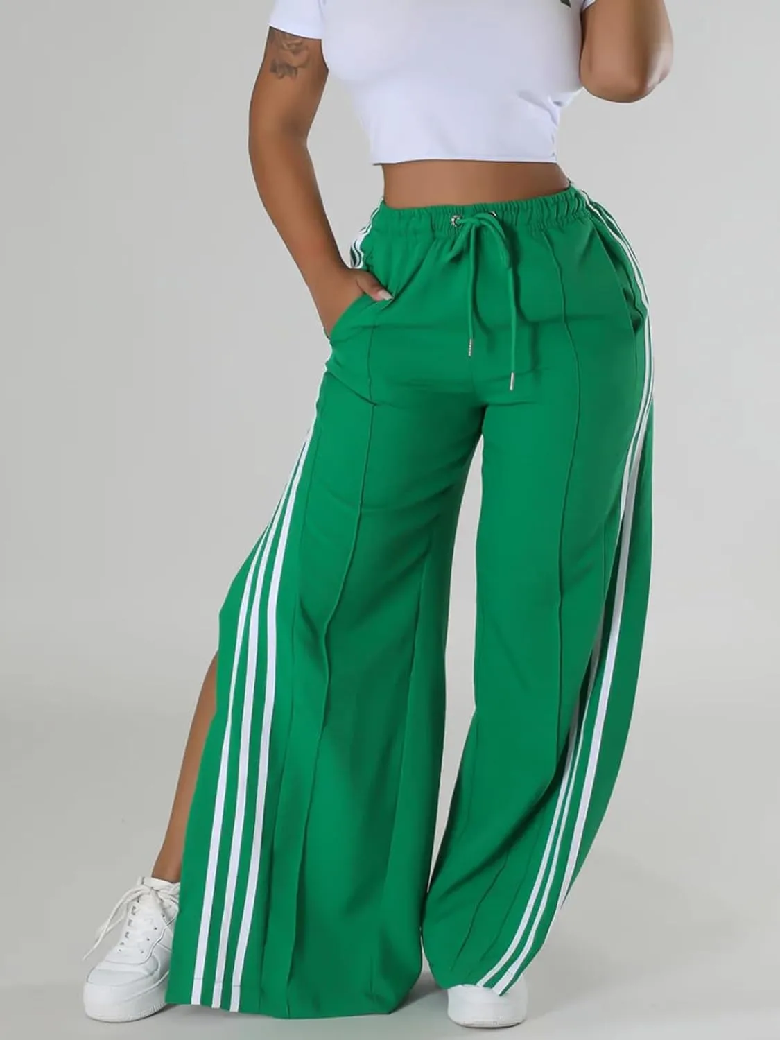Alunzoem Womens Wide Leg Pants High Waist Striped Side Slit Stretch Casual Loose Drawstring Pant Trousers