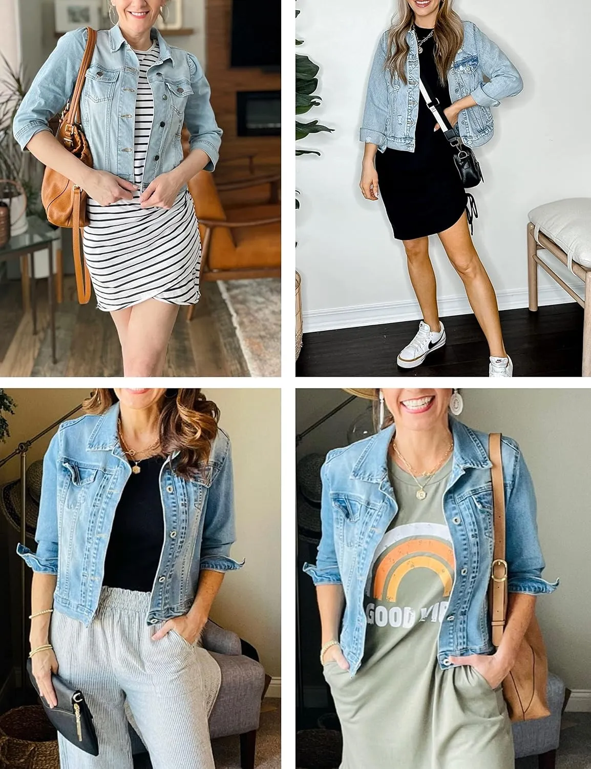 AMEBELLE Women's 3/4 Sleeve Strech Distress Slim Crop Denim Jean Trucker Jacket