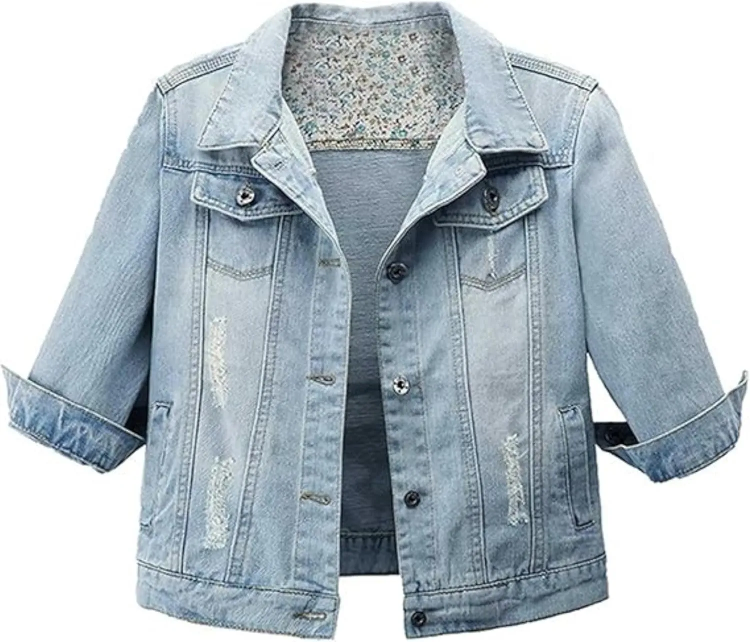 AMEBELLE Women's 3/4 Sleeve Strech Distress Slim Crop Denim Jean Trucker Jacket