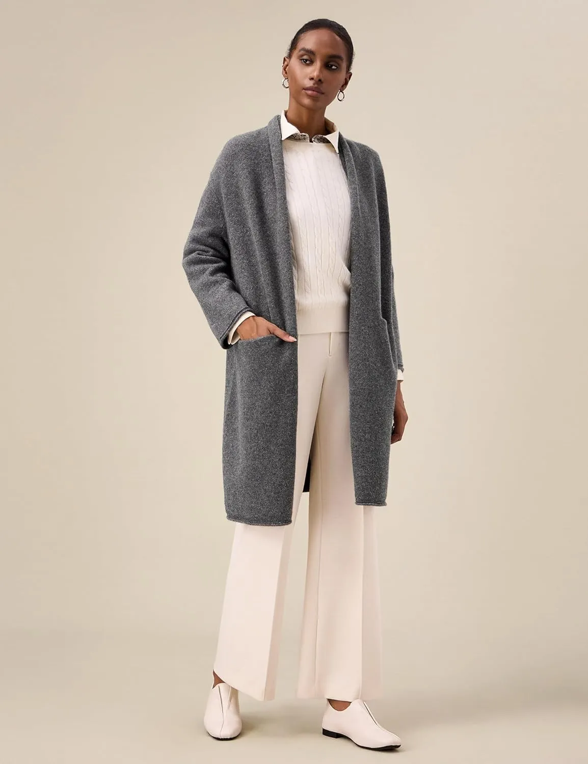 Amoretu Women's Pure Wool Knit Cardigan Open Front Long Sweater Loose Outerwear, 2024