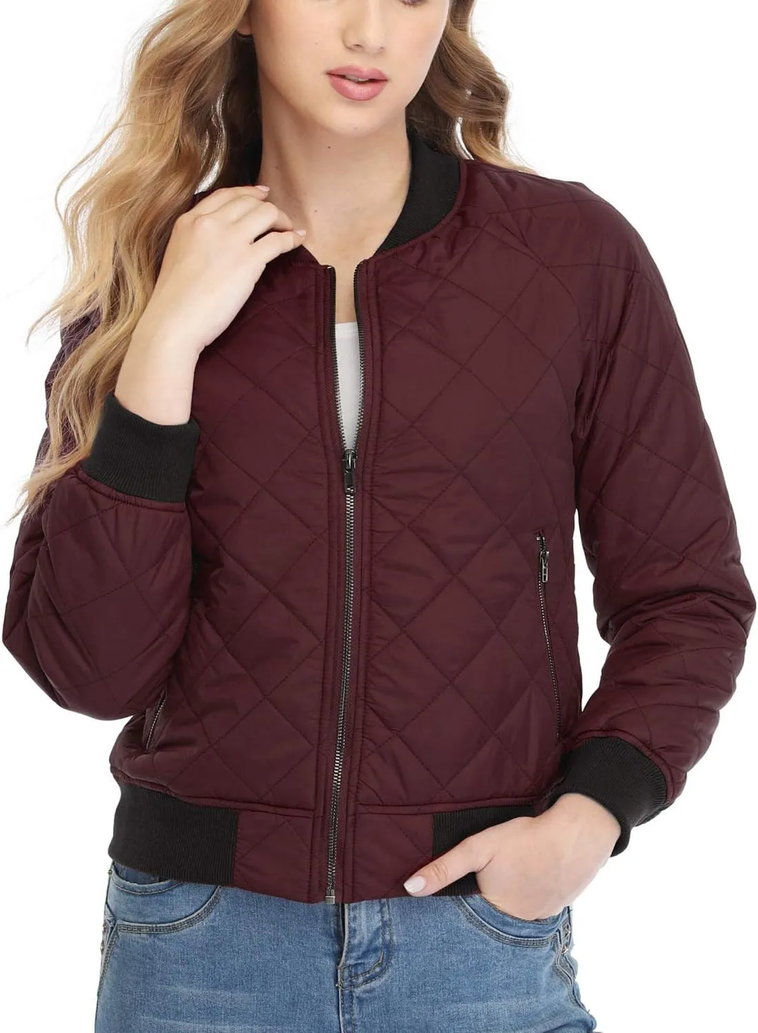 andy & natalie Women's Bomber Jacket Fashion Quilted Casual Lightweight Bomber Jakcets Zip up Outerwear Jacket with Pockets