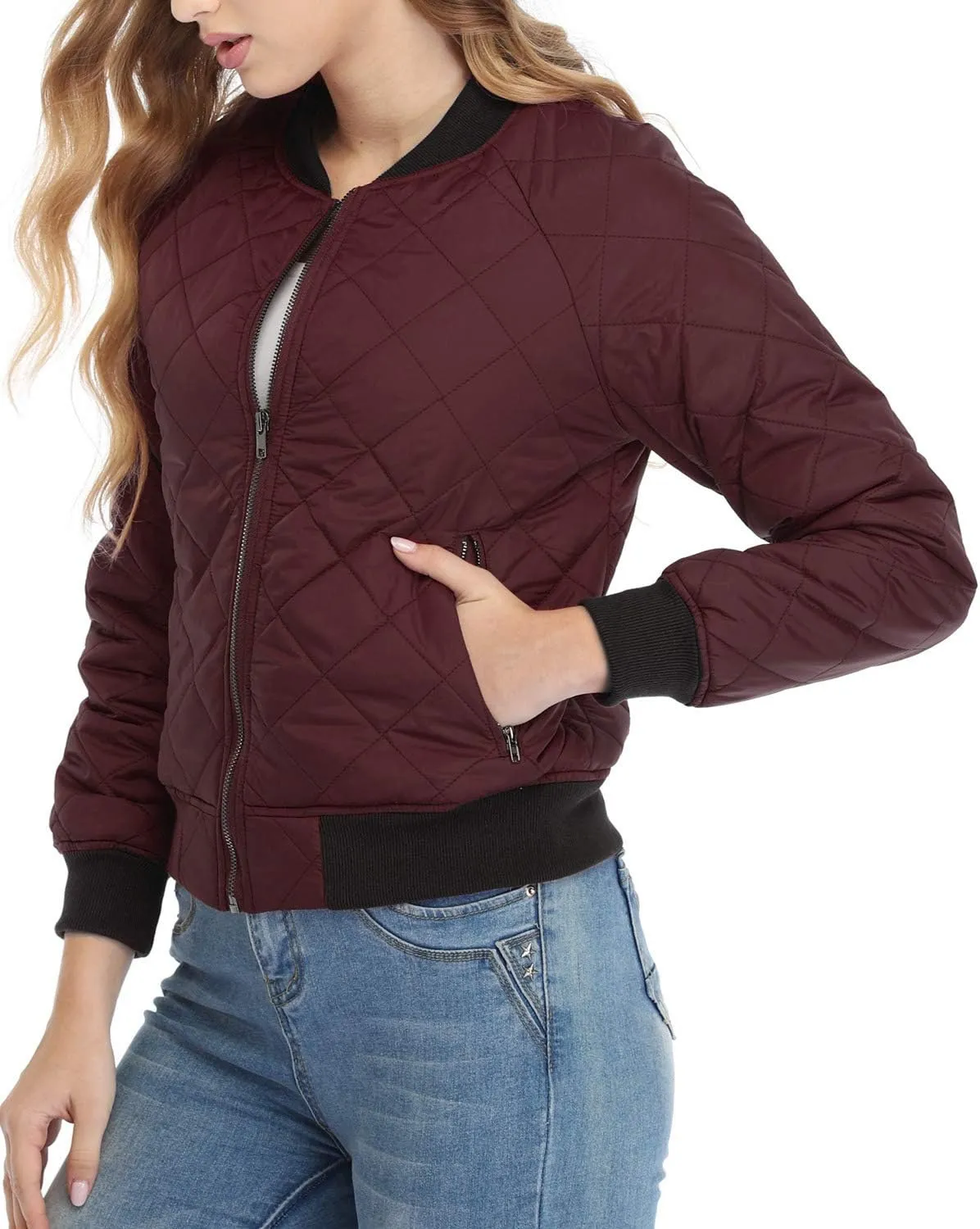 andy & natalie Women's Bomber Jacket Fashion Quilted Casual Lightweight Bomber Jakcets Zip up Outerwear Jacket with Pockets