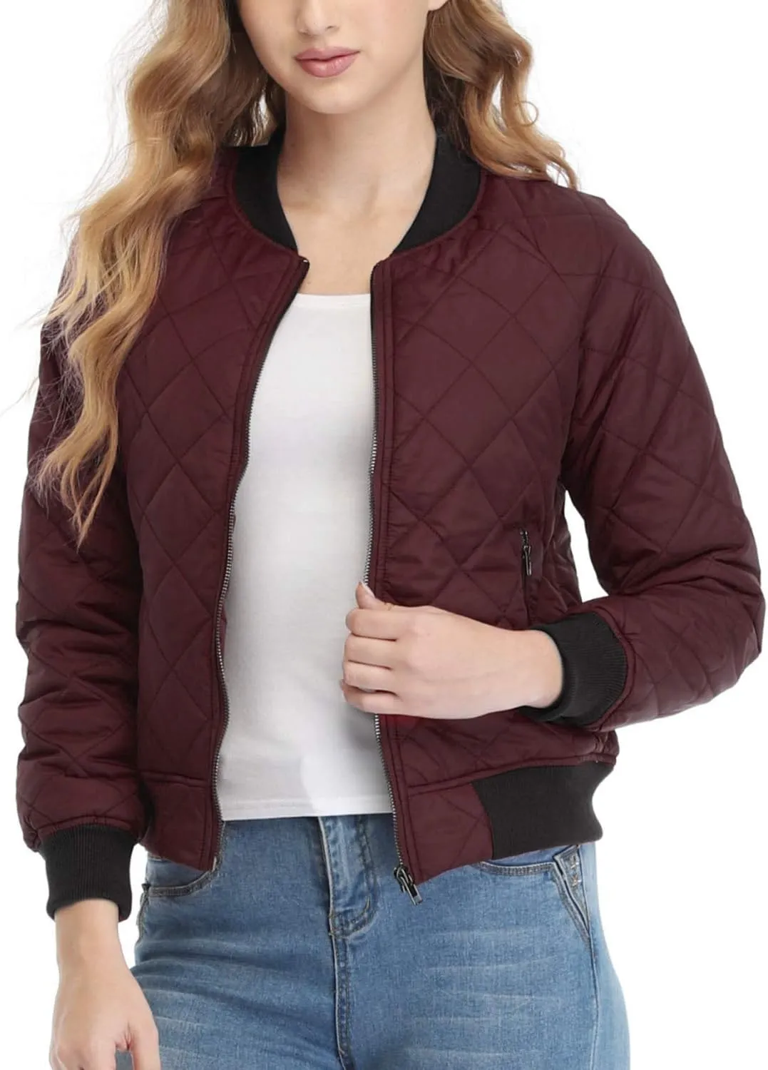 andy & natalie Women's Bomber Jacket Fashion Quilted Casual Lightweight Bomber Jakcets Zip up Outerwear Jacket with Pockets