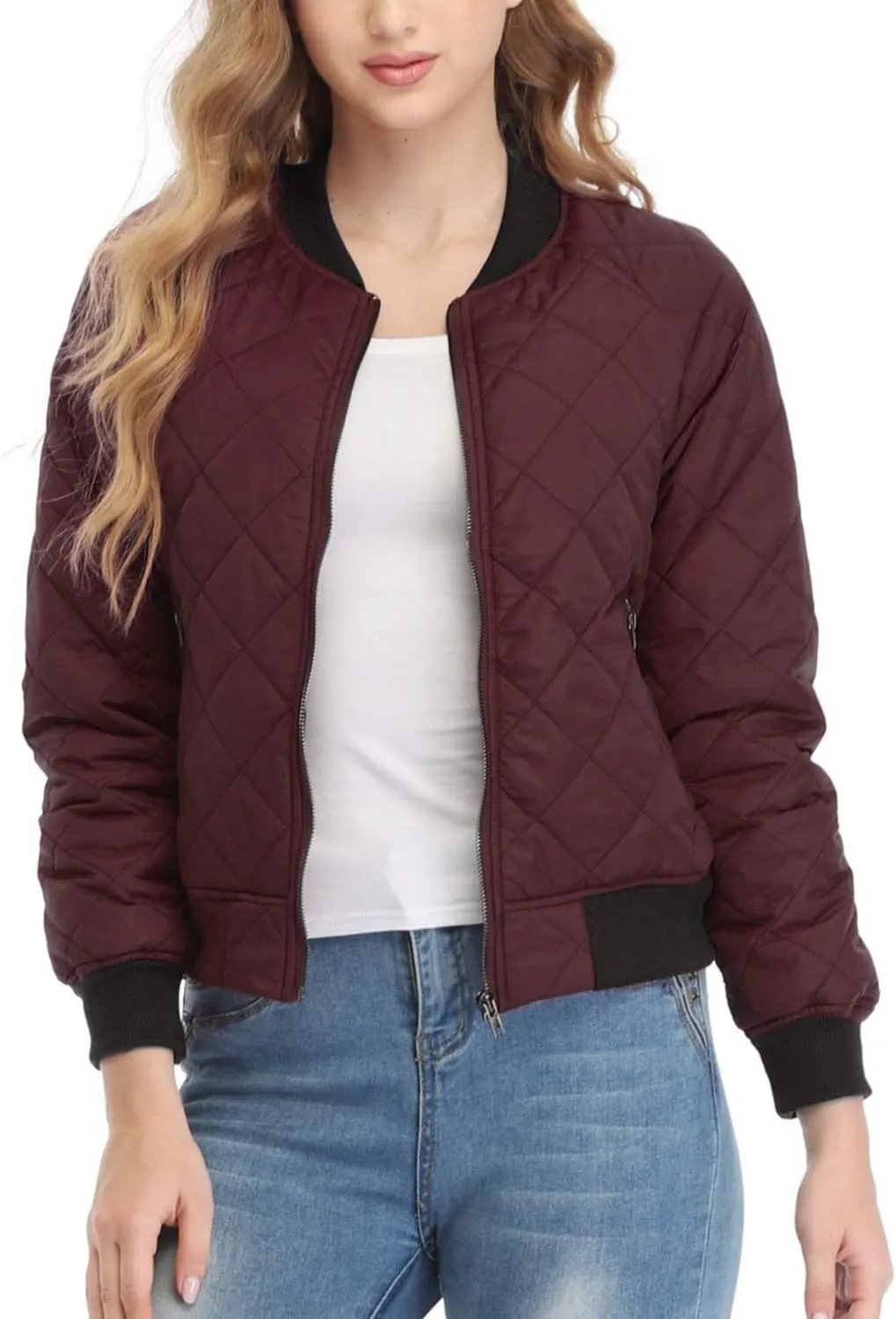 andy & natalie Women's Bomber Jacket Fashion Quilted Casual Lightweight Bomber Jakcets Zip up Outerwear Jacket with Pockets