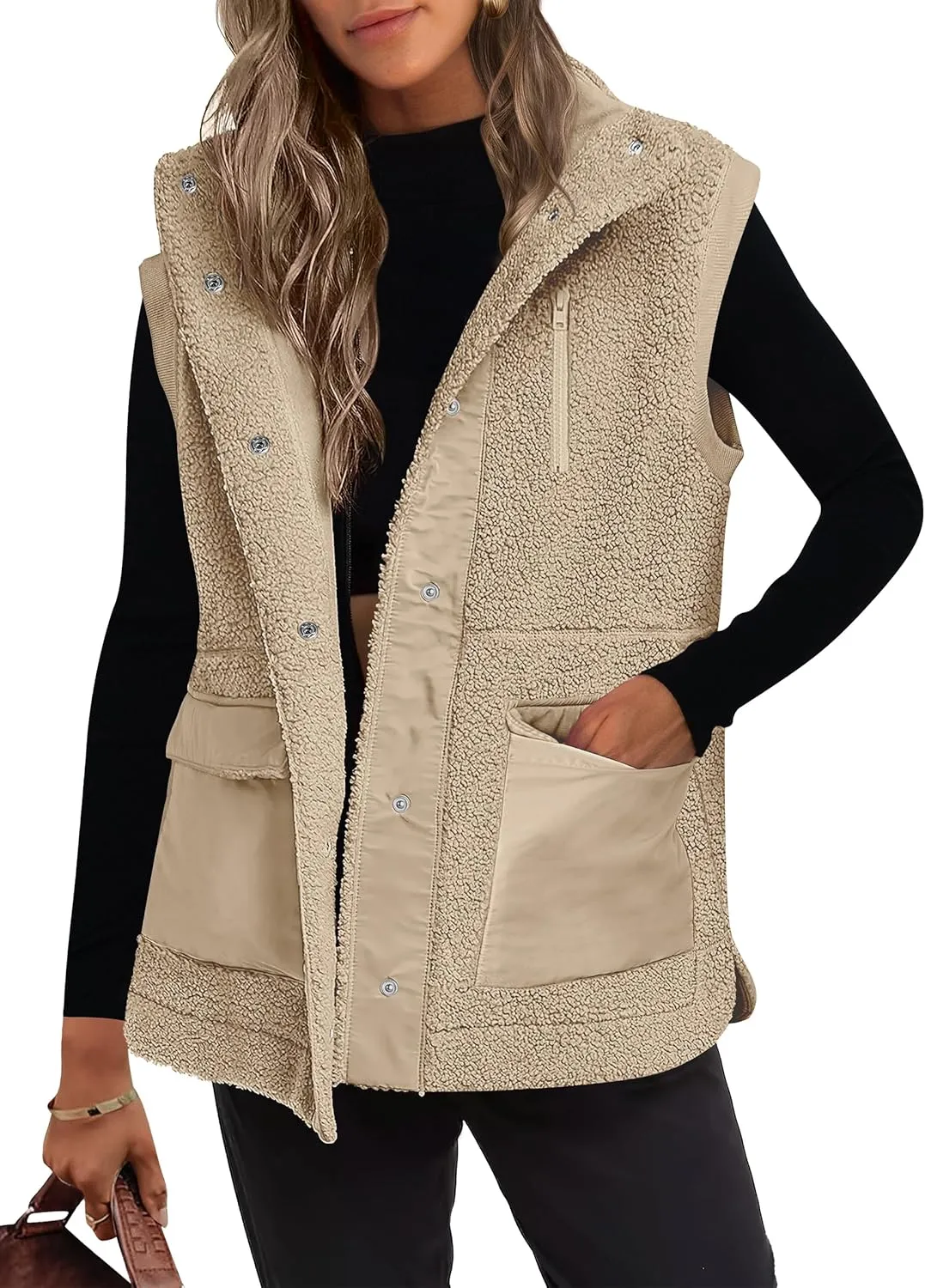 ANRABESS Womens Fuzzy Fleece Vest Sleeveless Casual Warm Button Down Sherpa Jackets Outerwear With Pockets Winter Fashion