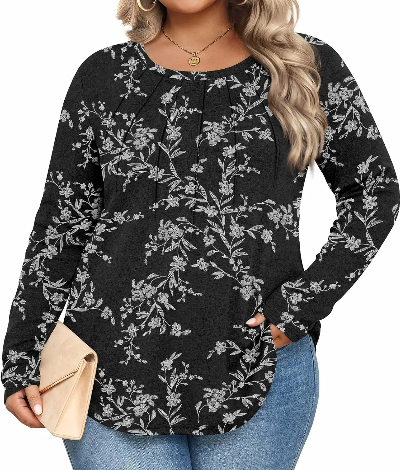Anymiss Spring Plus Size Tops for Women 2025 Winter Sweaters Trendy Long sleeve Crew Neck Tshirts L-5XL