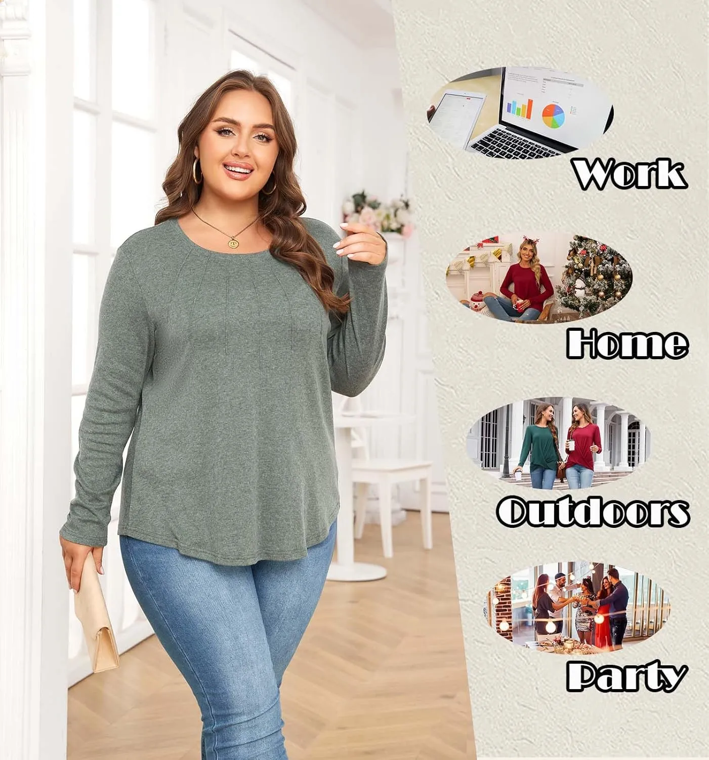 Anymiss Spring Plus Size Tops for Women 2025 Winter Sweaters Trendy Long sleeve Crew Neck Tshirts L-5XL