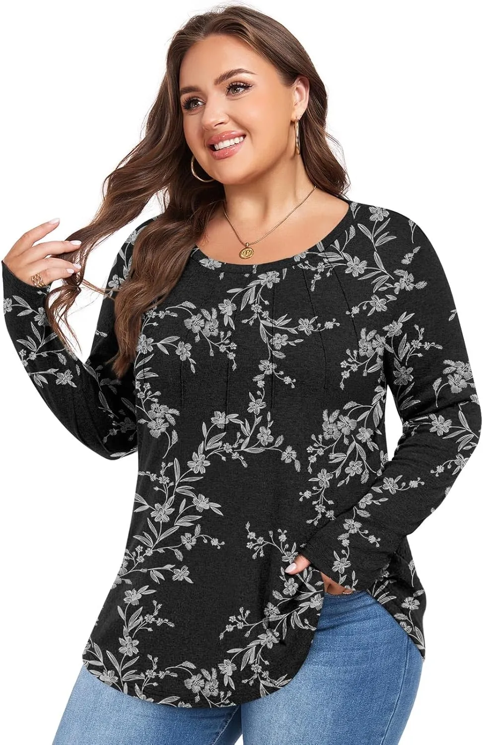 Anymiss Spring Plus Size Tops for Women 2025 Winter Sweaters Trendy Long sleeve Crew Neck Tshirts L-5XL