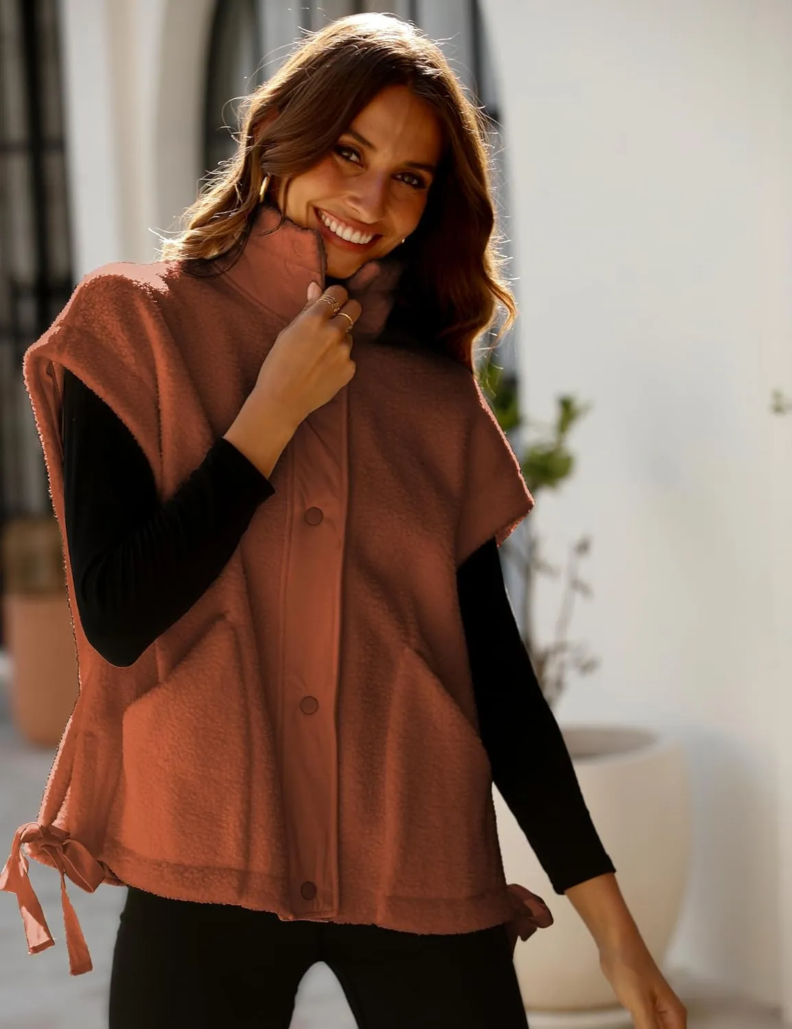 Athlisan Womens Fleece Vest Casual Sleeveless Button Down Sherpa Jacket Outerwear with Pockets