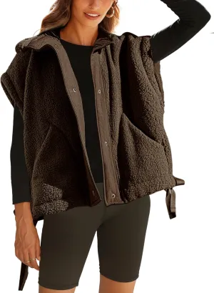 Athlisan Womens Fleece Vest Casual Sleeveless Button Down Sherpa Jacket Outerwear with Pockets