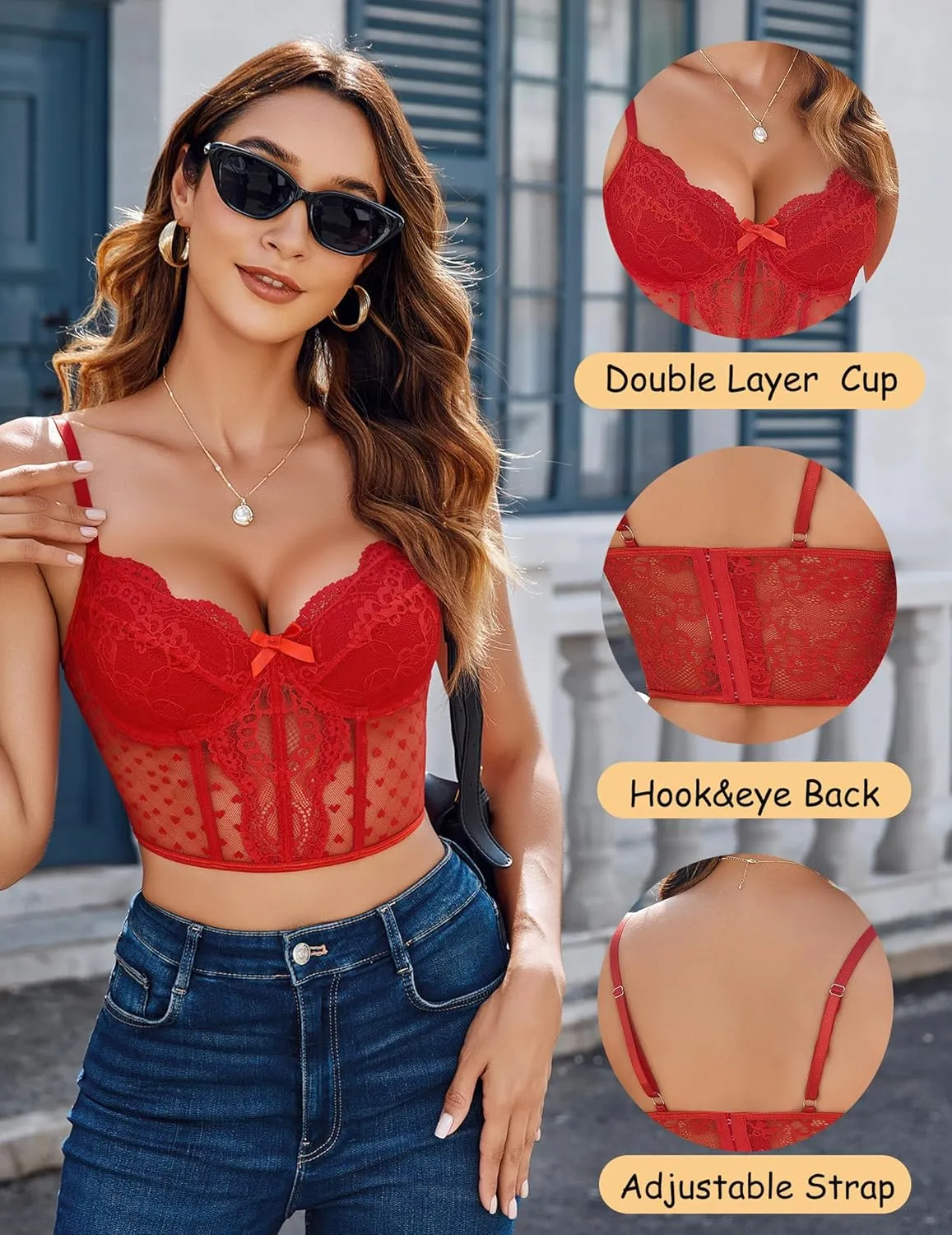 Avidlove Corset Tops for Women V Neck Bustier Lingerie Adjustable Strap Crop Top with Underwire