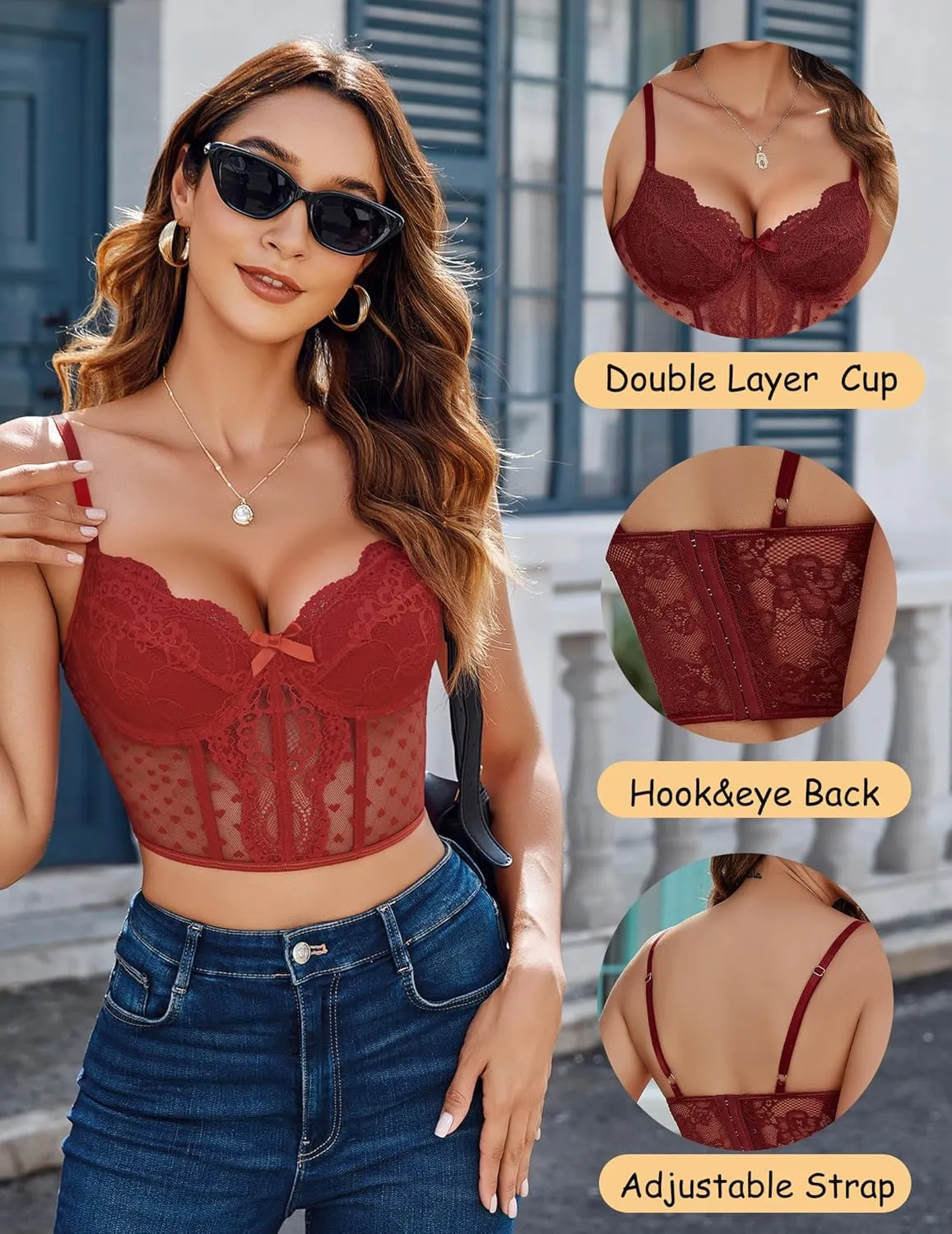Avidlove Corset Tops for Women V Neck Bustier Lingerie Adjustable Strap Crop Top with Underwire