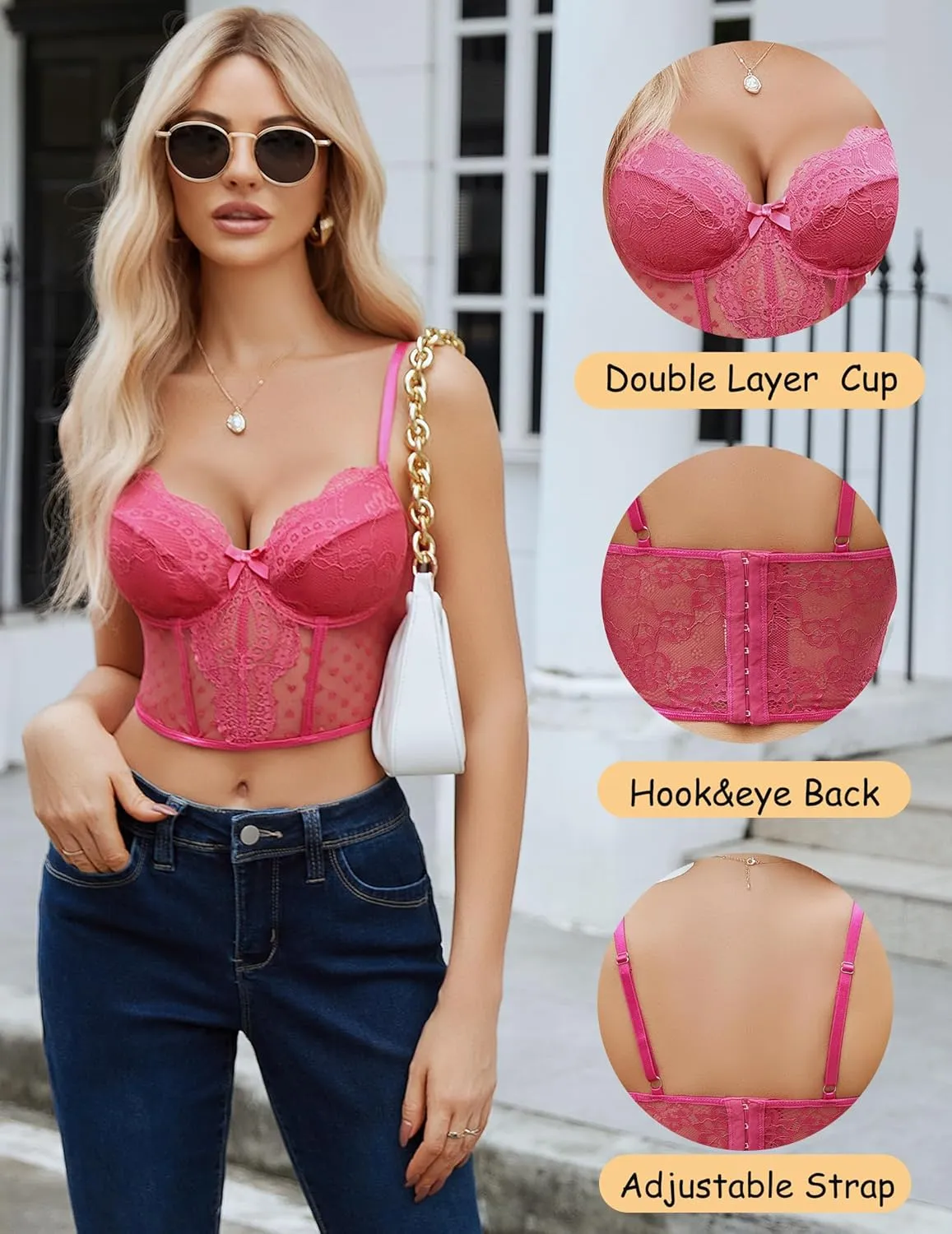 Avidlove Corset Tops for Women V Neck Bustier Lingerie Adjustable Strap Crop Top with Underwire