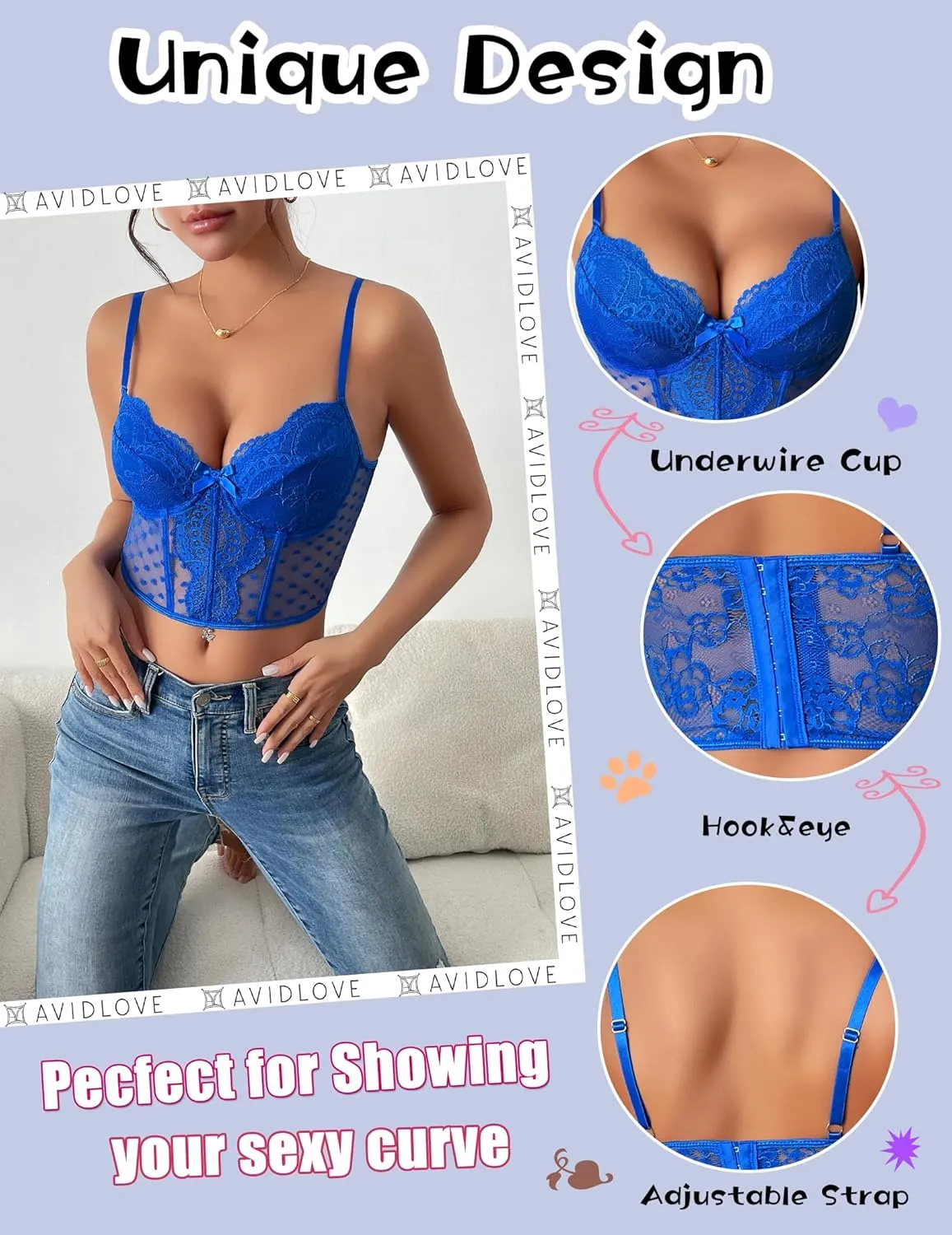 Avidlove Corset Tops for Women V Neck Bustier Lingerie Adjustable Strap Crop Top with Underwire