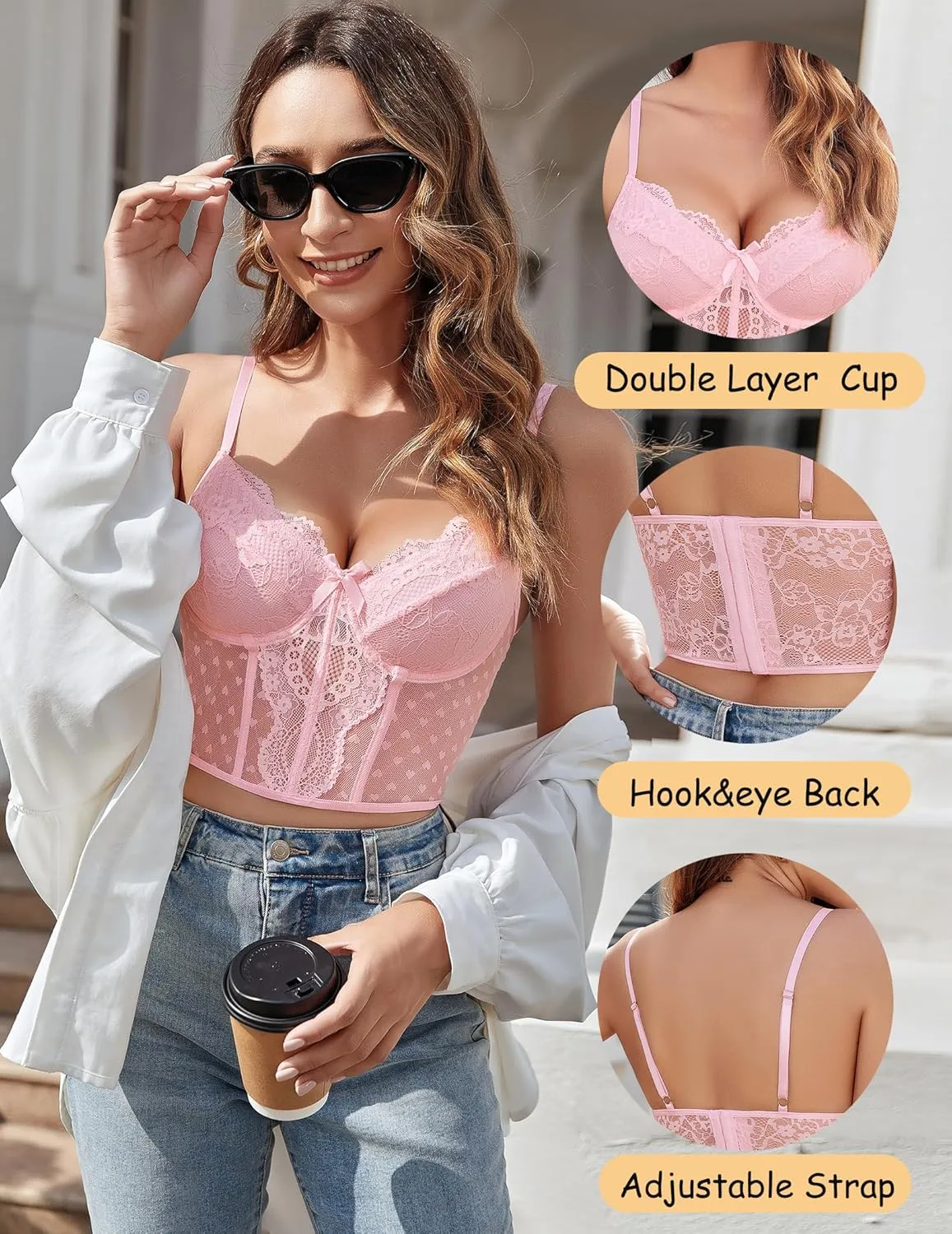 Avidlove Corset Tops for Women V Neck Bustier Lingerie Adjustable Strap Crop Top with Underwire