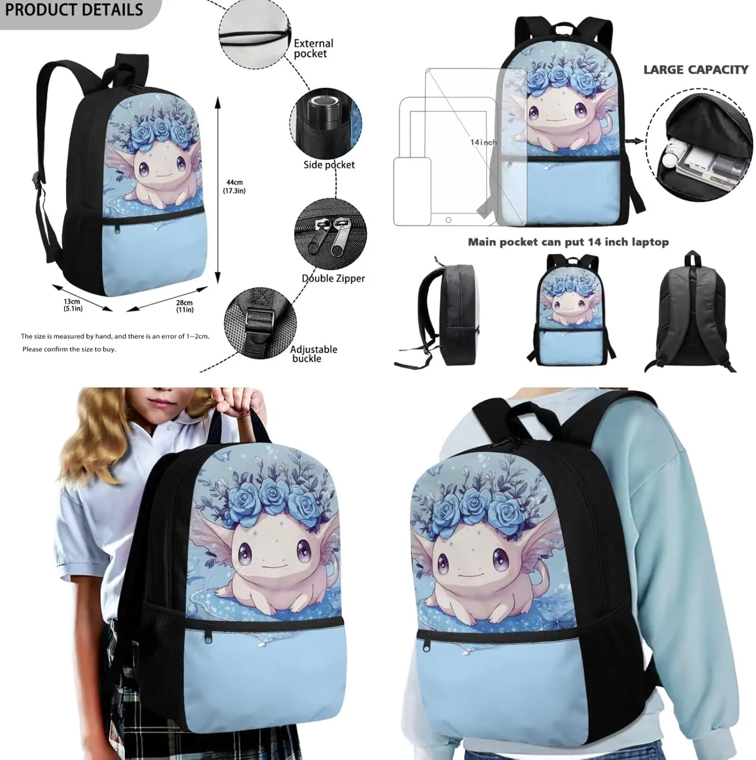 Axolotl Backpacks for Girls 3 Piece Blue Rose Insulated Lunch Bag for Kids Hot Food Lightweight Versatile Bookbag for Teen Girls Travel Back Packs with Dual Zipper