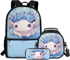 Axolotl Backpacks for Girls 3 Piece Blue Rose Insulated Lunch Bag for Kids Hot Food Lightweight Versatile Bookbag for Teen Girls Travel Back Packs with Dual Zipper