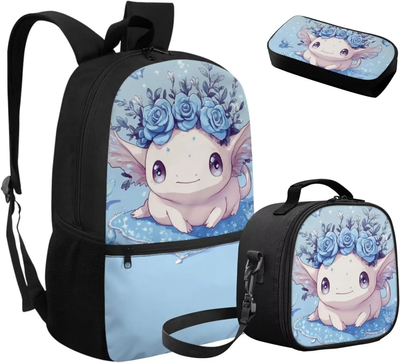 Axolotl Backpacks for Girls 3 Piece Blue Rose Insulated Lunch Bag for Kids Hot Food Lightweight Versatile Bookbag for Teen Girls Travel Back Packs with Dual Zipper