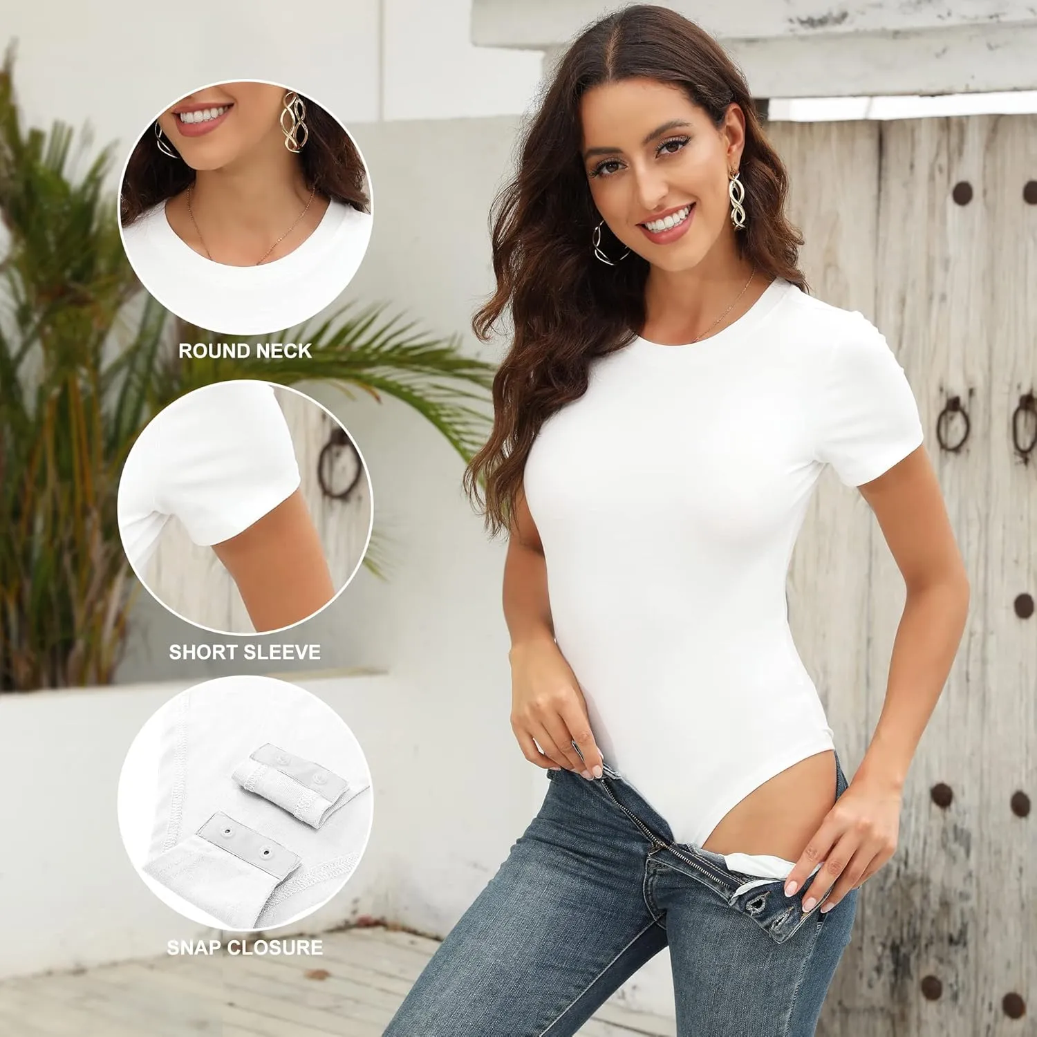 BALENNZ Women's 4/5 Pack Short Sleeve Round Neck Bodysuit Tops Crew Neck Basic Casual Tshirt Bodysuits