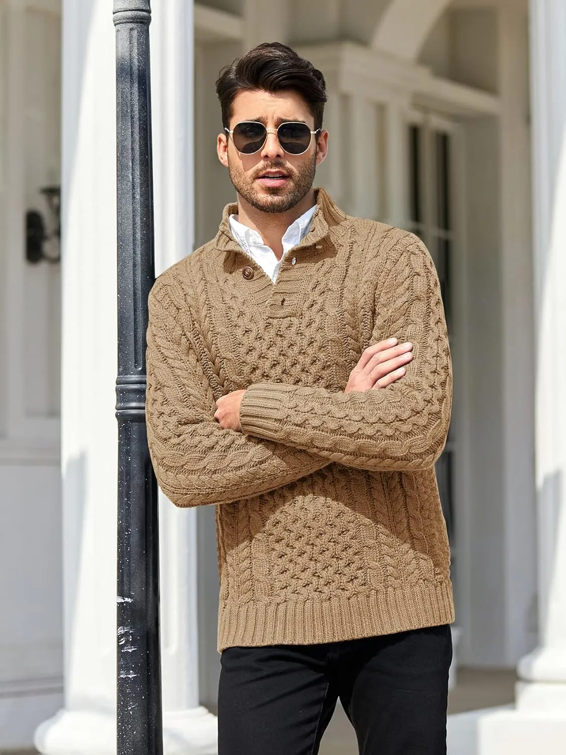 Bbalizko Mens Stand Collar Pullover Sweater Cable Knitted Chunky Winter Fashion Buttons Twisted Thermal Sweaters