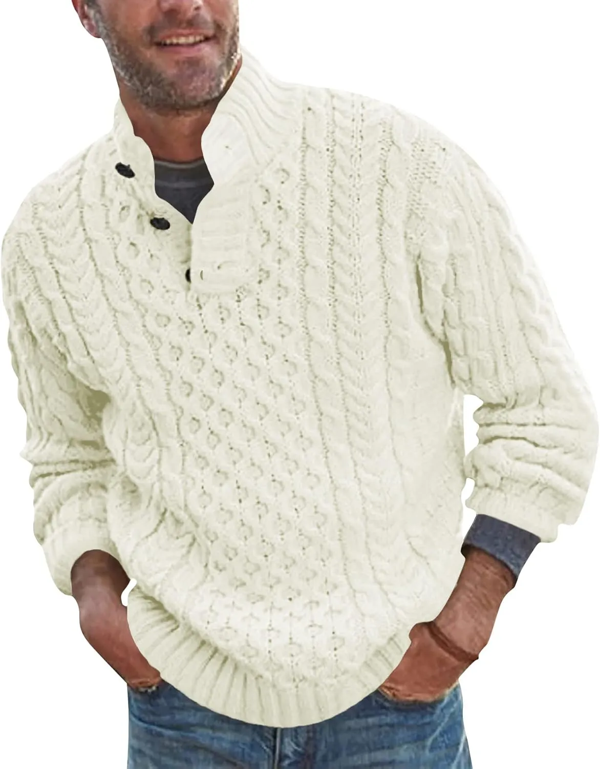 Bbalizko Mens Stand Collar Pullover Sweater Cable Knitted Chunky Winter Fashion Buttons Twisted Thermal Sweaters