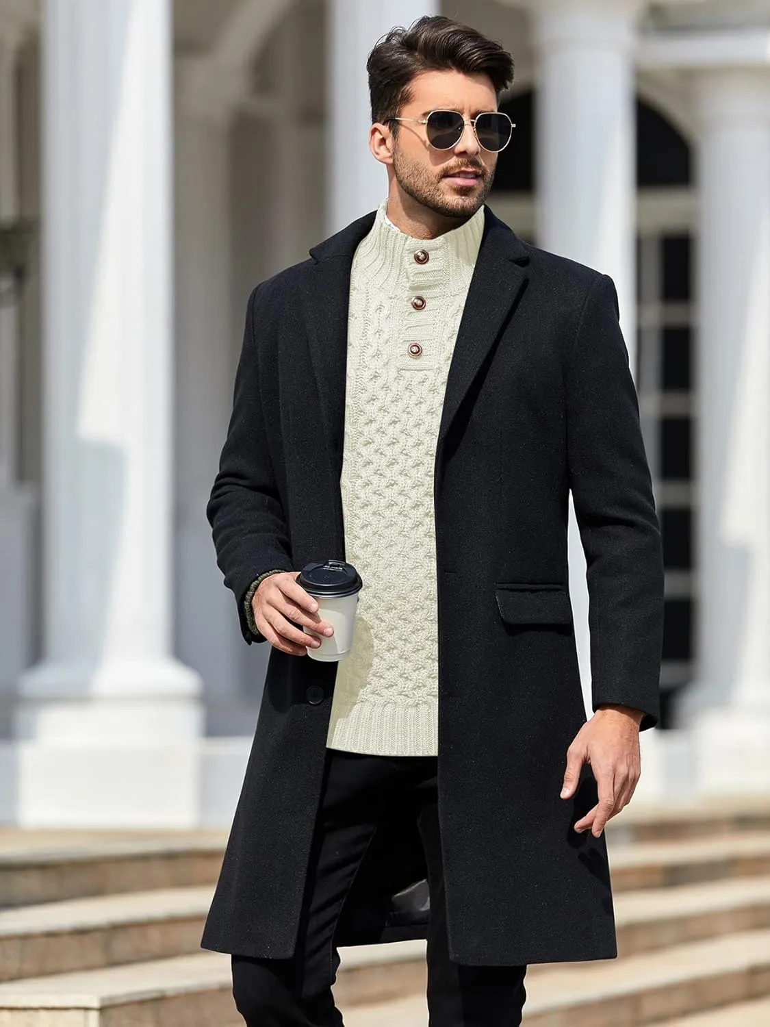 Bbalizko Mens Stand Collar Pullover Sweater Cable Knitted Chunky Winter Fashion Buttons Twisted Thermal Sweaters