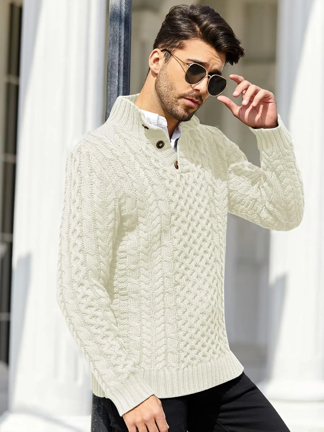 Bbalizko Mens Stand Collar Pullover Sweater Cable Knitted Chunky Winter Fashion Buttons Twisted Thermal Sweaters