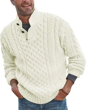 Bbalizko Mens Stand Collar Pullover Sweater Cable Knitted Chunky Winter Fashion Buttons Twisted Thermal Sweaters