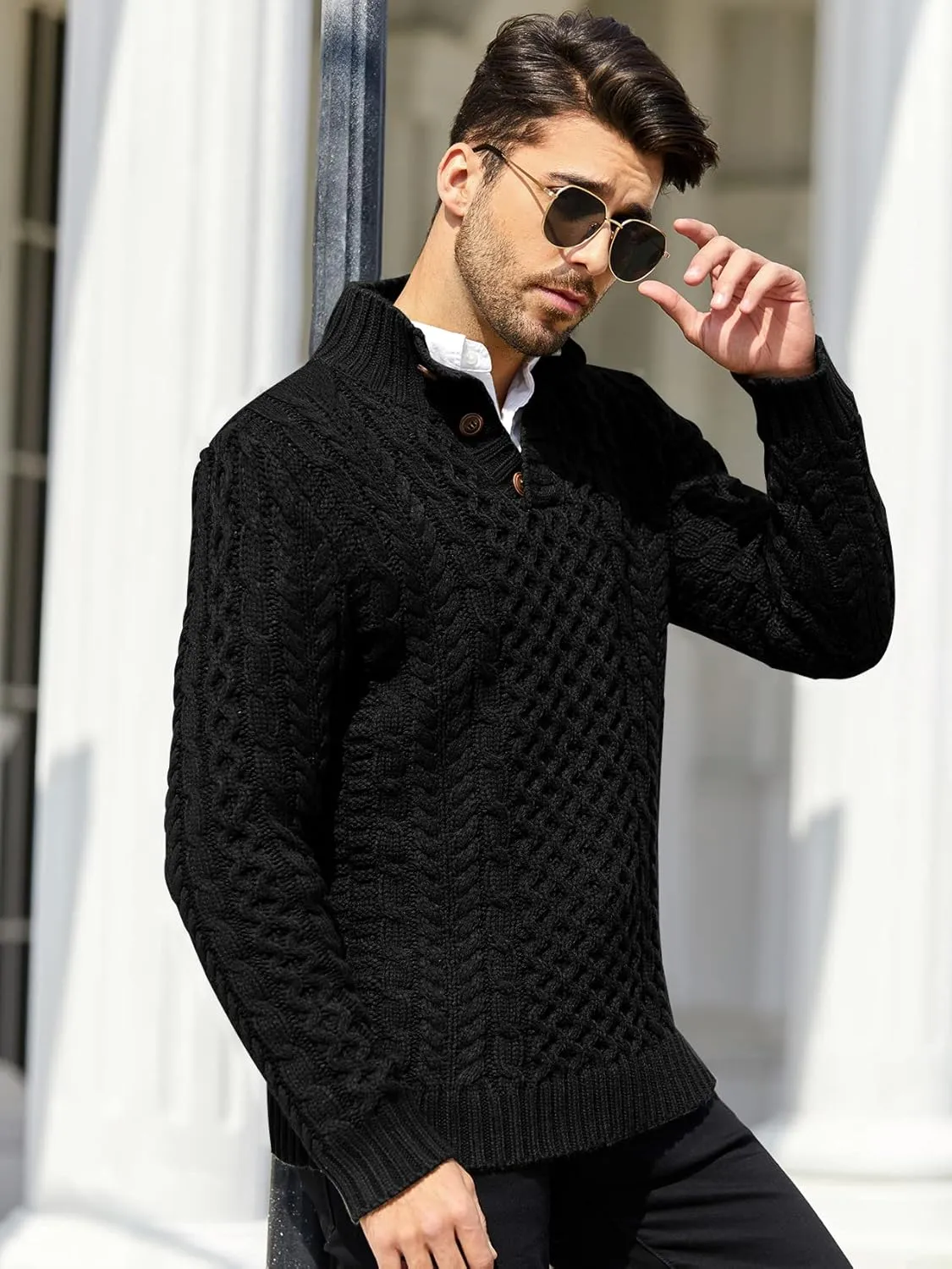Bbalizko Mens Stand Collar Pullover Sweater Cable Knitted Chunky Winter Fashion Buttons Twisted Thermal Sweaters