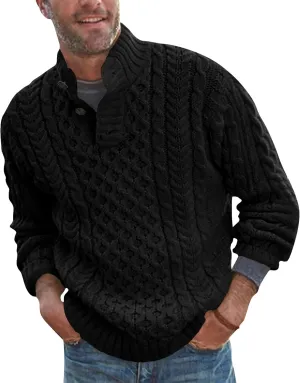 Bbalizko Mens Stand Collar Pullover Sweater Cable Knitted Chunky Winter Fashion Buttons Twisted Thermal Sweaters
