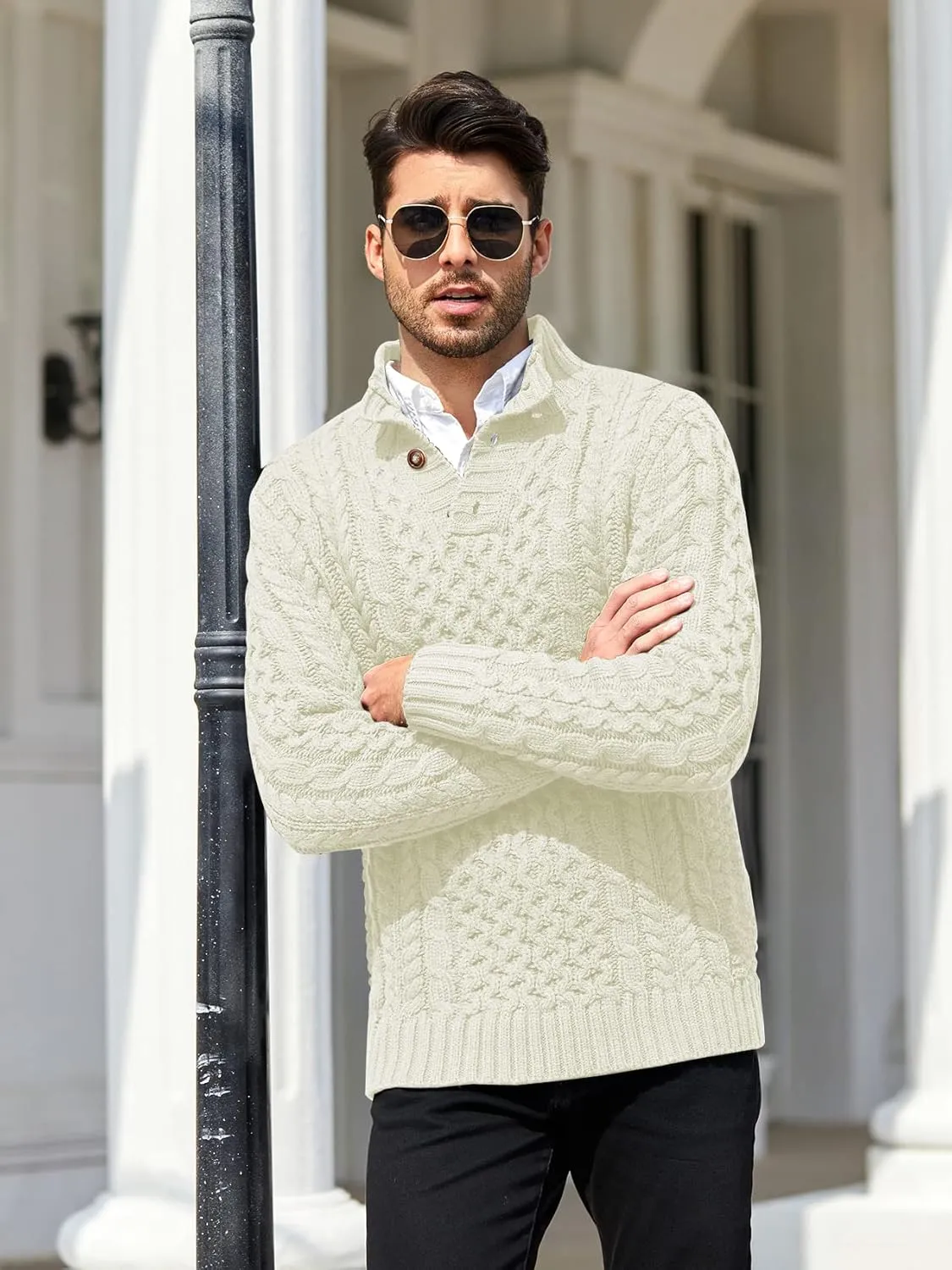 Bbalizko Mens Stand Collar Pullover Sweater Cable Knitted Chunky Winter Fashion Buttons Twisted Thermal Sweaters