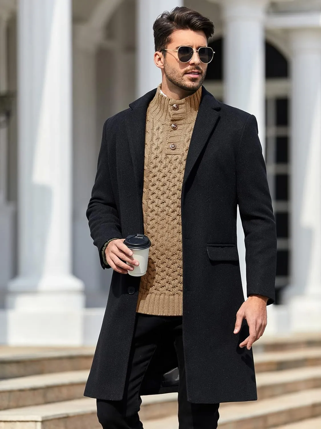 Bbalizko Mens Stand Collar Pullover Sweater Cable Knitted Chunky Winter Fashion Buttons Twisted Thermal Sweaters