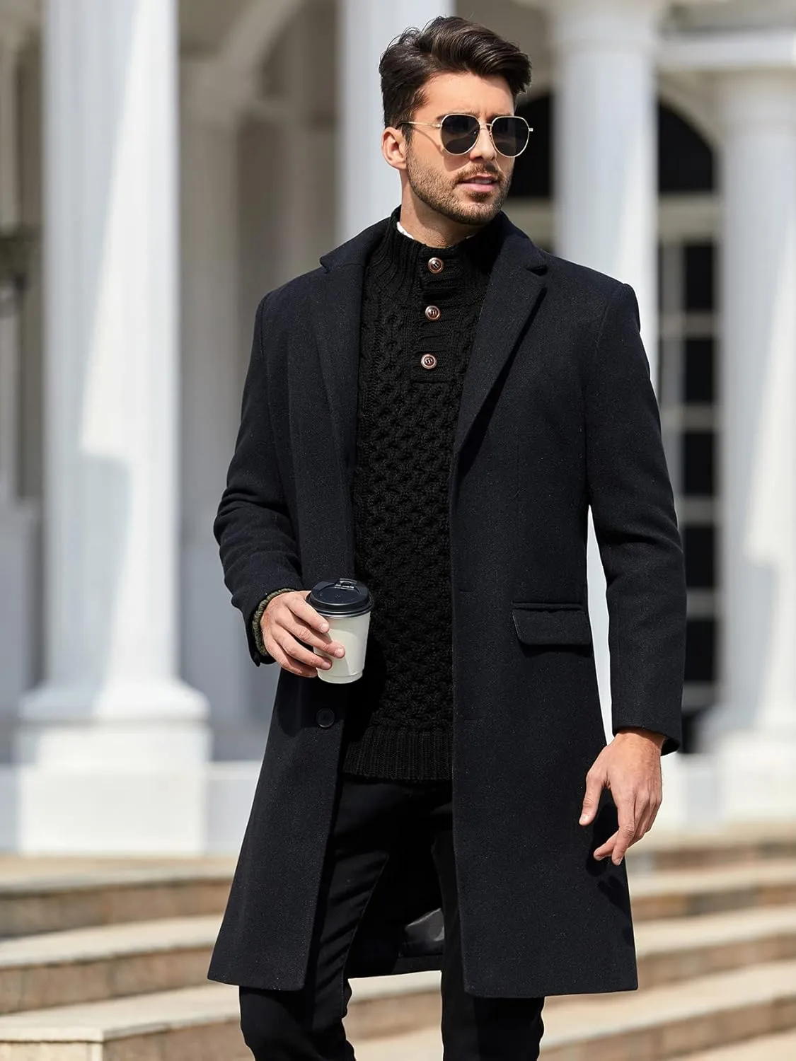 Bbalizko Mens Stand Collar Pullover Sweater Cable Knitted Chunky Winter Fashion Buttons Twisted Thermal Sweaters