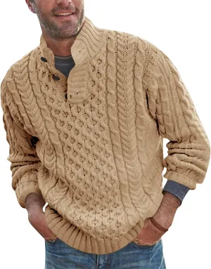 Bbalizko Mens Stand Collar Pullover Sweater Cable Knitted Chunky Winter Fashion Buttons Twisted Thermal Sweaters