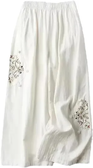Bciopll 2025 Summer Women Thin Casual Pants Ladies Cotton Linen Pantalons Retro Embroidery Wide Leg Trousers
