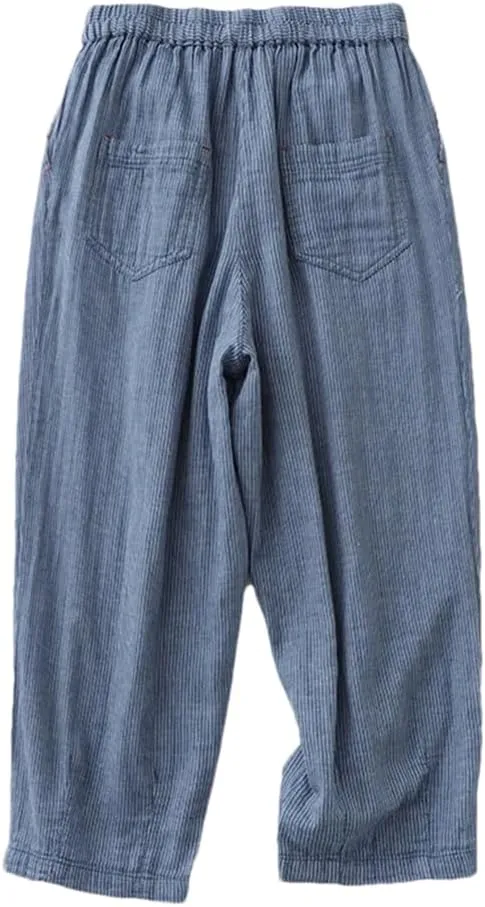 Bciopll Women Casual Harem Striped Pants Summer Cotton Linen Trousers Calf-Length Wide Legs Pants