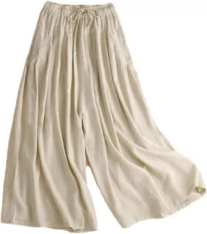 Bciopll Women's Summer Retro Cotton Linen Casual Pants Loose Wide-Leg Skirt Pants Solid Color Trousers with Pockets
