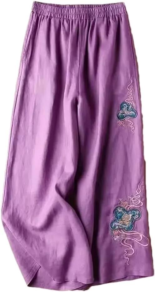 Bciopll Women's Summer Wide Leg Pants Ladies High Waist Cotton Linen Casual Trousers Embroidery Pants