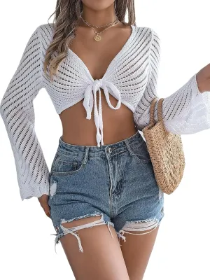Beautiful Nomad Women's Crochet Cardigan Tie Front Bell Long Sleeve Knit Sweater Hollow Out Shrug Tops