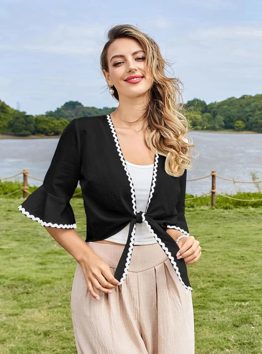 Belle Poque Womens Shrug Tie Front Bell Sleeve Shrugs Summer Cropped Bolero Cardigan Lightweight Short Shawl Tops