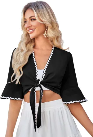 Belle Poque Womens Shrug Tie Front Bell Sleeve Shrugs Summer Cropped Bolero Cardigan Lightweight Short Shawl Tops