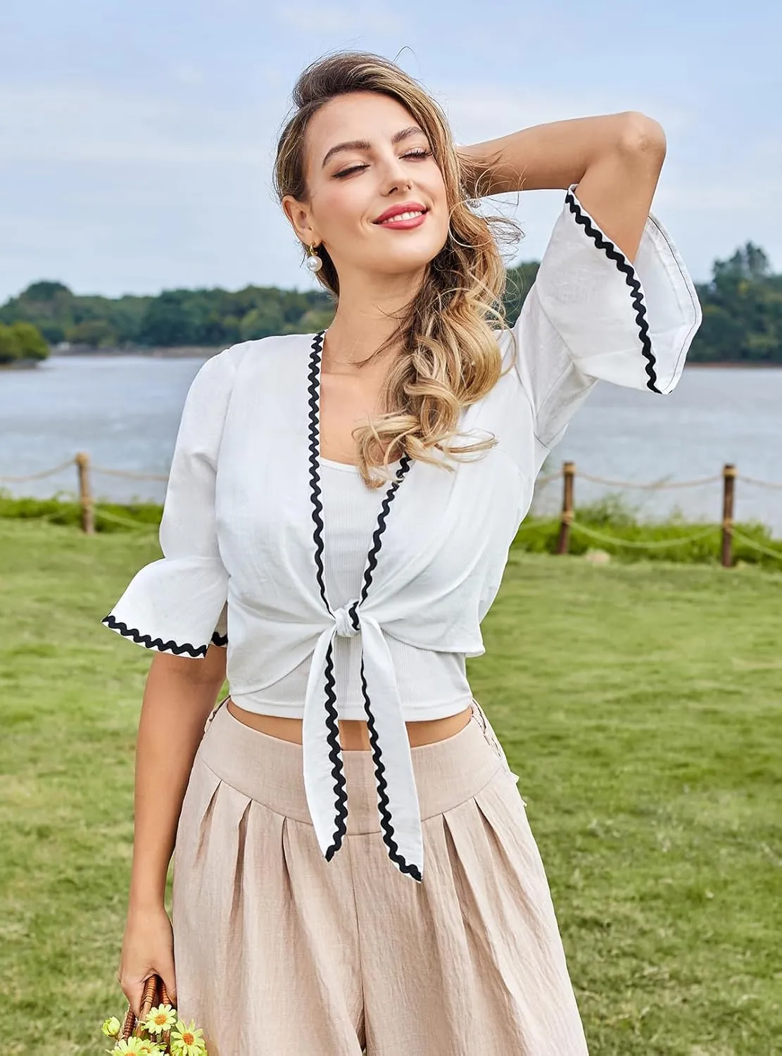 Belle Poque Womens Shrug Tie Front Bell Sleeve Shrugs Summer Cropped Bolero Cardigan Lightweight Short Shawl Tops