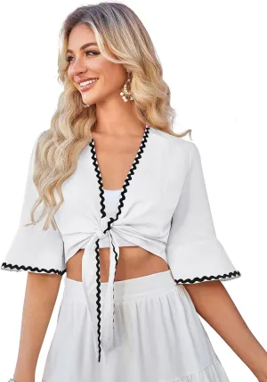 Belle Poque Womens Shrug Tie Front Bell Sleeve Shrugs Summer Cropped Bolero Cardigan Lightweight Short Shawl Tops