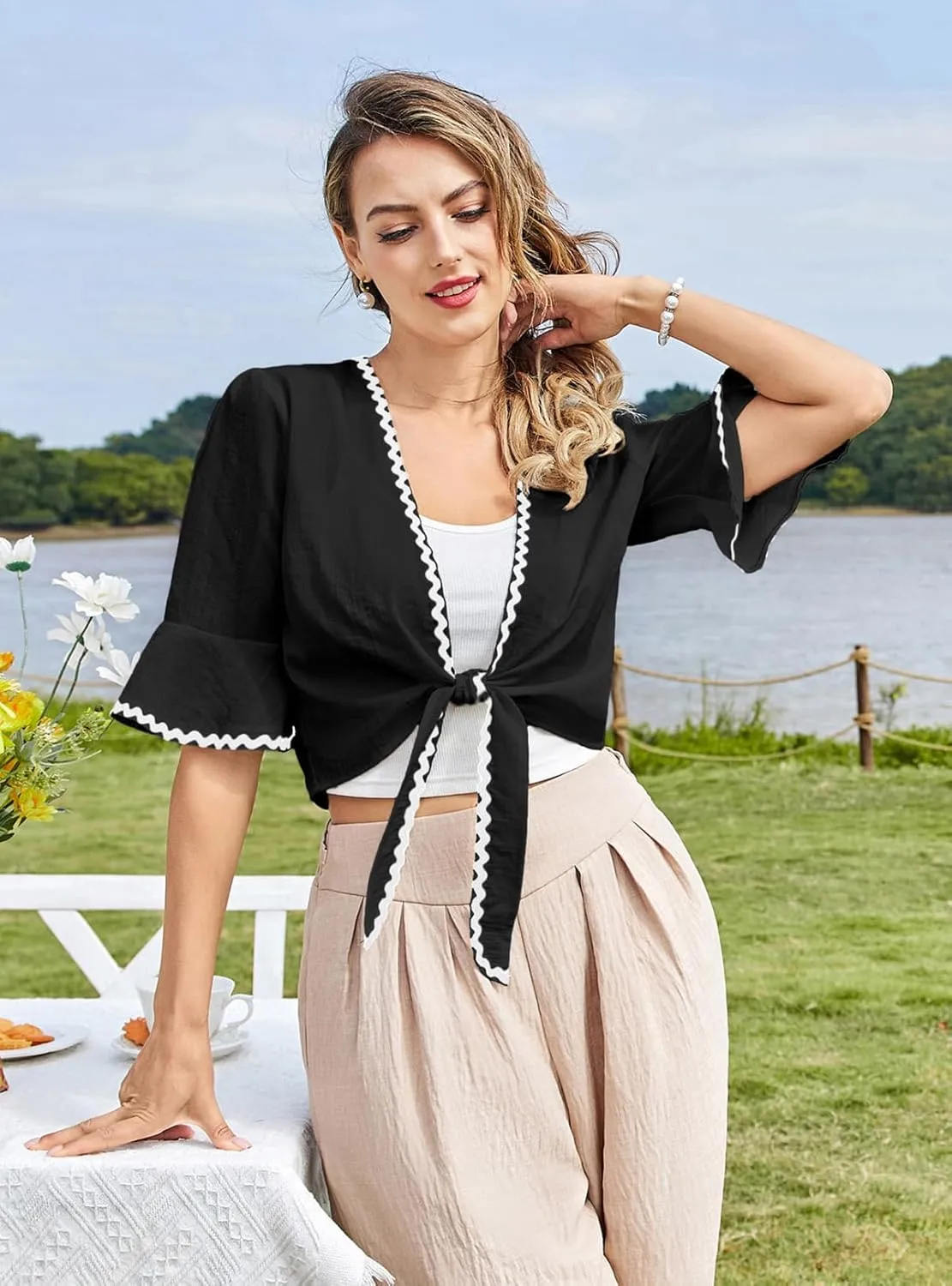 Belle Poque Womens Shrug Tie Front Bell Sleeve Shrugs Summer Cropped Bolero Cardigan Lightweight Short Shawl Tops