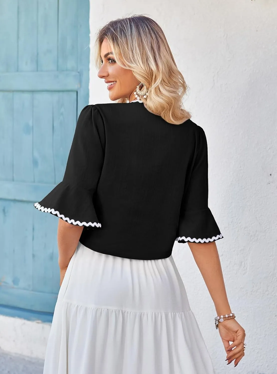 Belle Poque Womens Shrug Tie Front Bell Sleeve Shrugs Summer Cropped Bolero Cardigan Lightweight Short Shawl Tops
