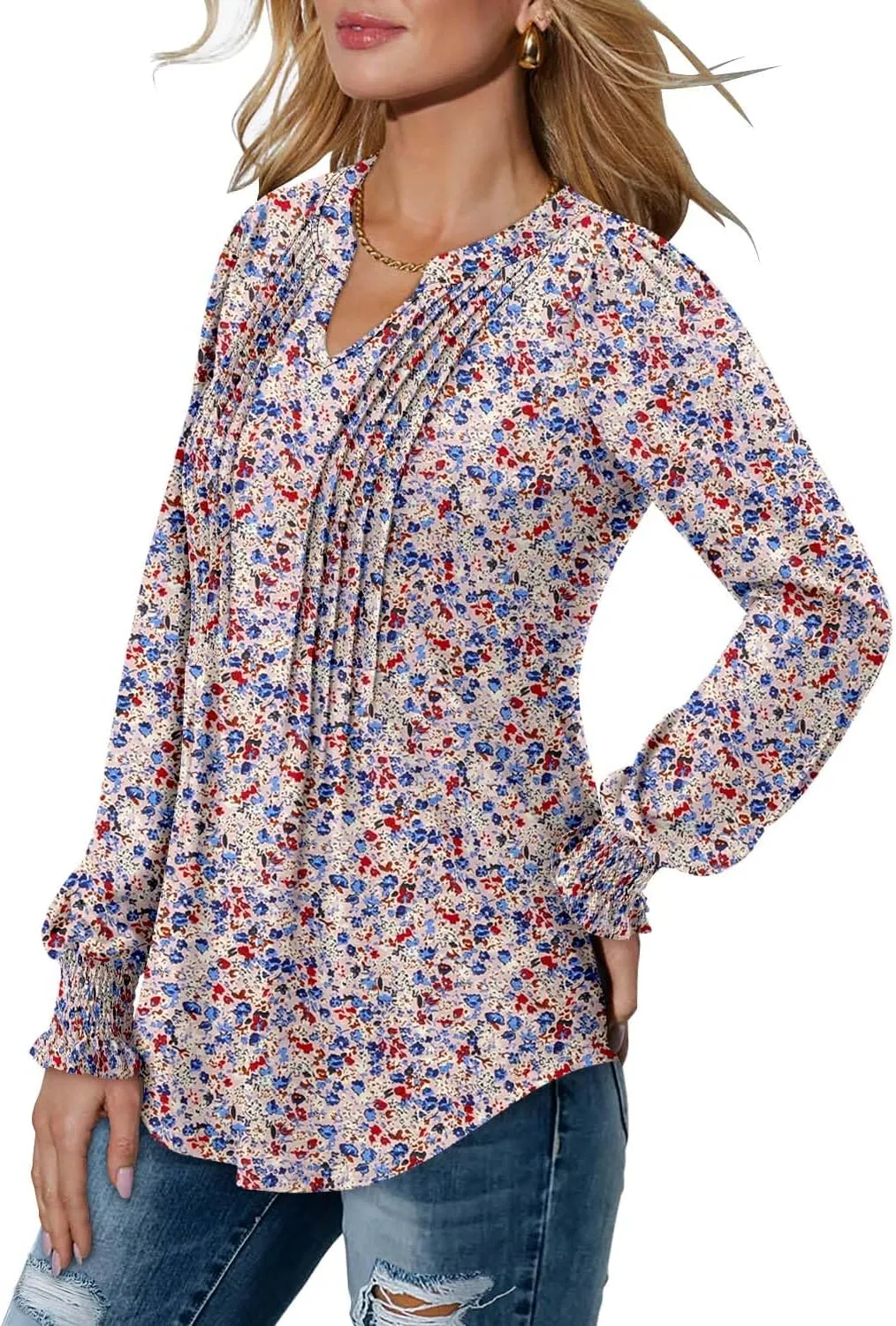 BETTE BOUTIK Long Sleeve Shirts for Women Fall Tops Dressy Blouses Pleated V Neck Tunic Tops for Leggings S-3XL