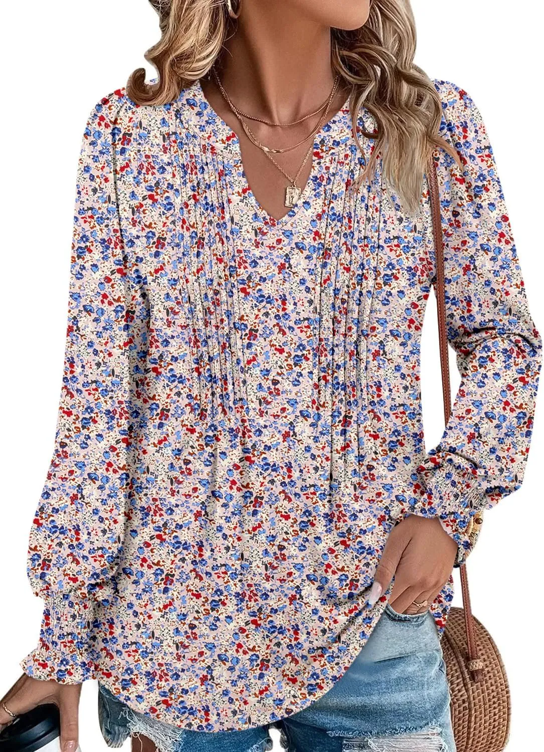 BETTE BOUTIK Long Sleeve Shirts for Women Fall Tops Dressy Blouses Pleated V Neck Tunic Tops for Leggings S-3XL